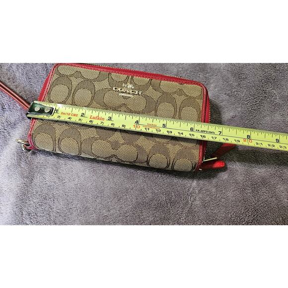 Coach Zip Around Wallet, Two Sections, Brown Signature Fabric with Red trim - Picture 5 of 6